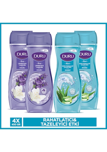 Duru Moods Deniz Mineralleri&Aloe Vera + Lavanta & Yasemin Duş Jeli 4 x 450 ML+Duş Lifi