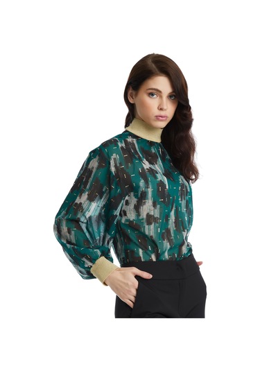 Parlak Detaylı Desenli Balon Kol Bluz Modern Yaka Ve Lastikli Bilek Tasarımıyla Şık Seçim Petrol