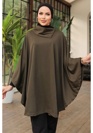 Düğme Detaylı Şık Tasarımlı Haki Şal Yaka Panço Haki