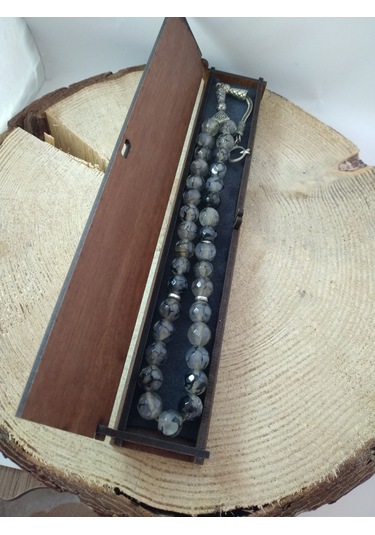 Gri Damarlı Akik Taşı Tespih Ahşap Kutulu / 10 MM Doğaltaş Tespih