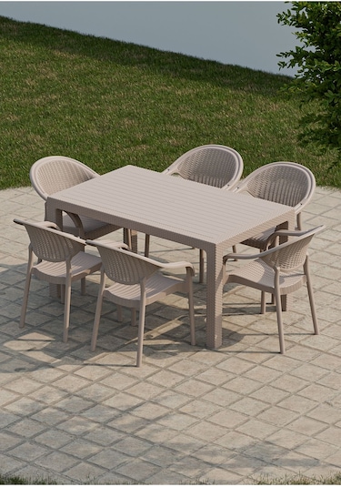 90x150 Cm Rattan 6 Kişilik Masa Takımı Camsız Bambu Sandalye Bahçe Teras Takımı Oturma Grubu Cappuccino