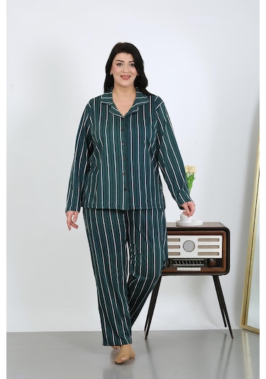 Akbeniz Kadın Büyük Beden Pamuklu Cepli Düğmeli Petrol Pijama Takım 202504 Petrol