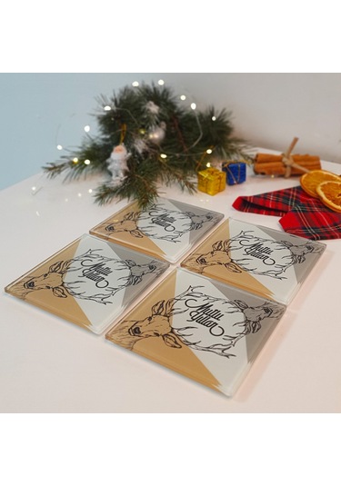 Decorita Cam Bardak Altlığı Mutlu Yıllar Happy Deer 4'lü Takım Çok Renkli