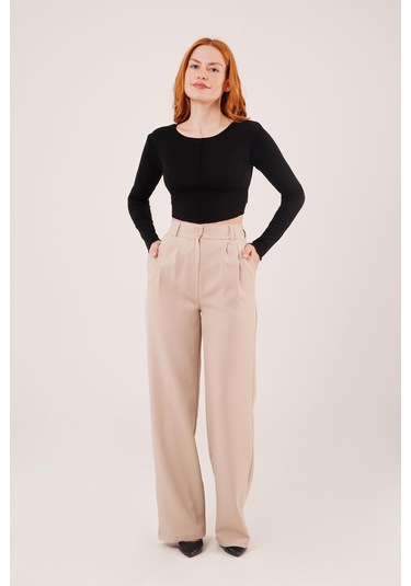 Reka Moda Bol Paça Piliseli Bej Pantolon Bej