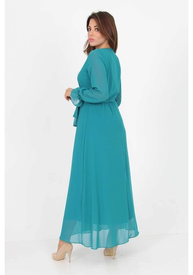 Kadın Kuşaklı Uzun Şifon Elbise Dpkts003 Petrol Mavisi