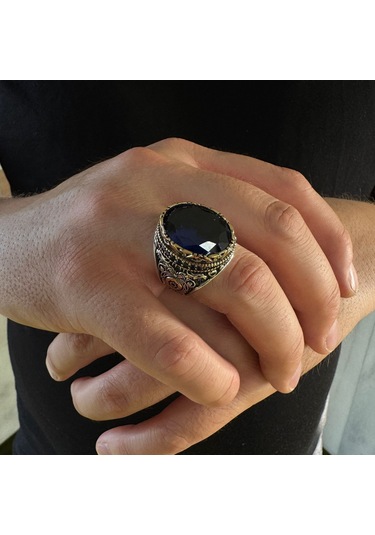 Takılingo 925 Ayar Gümüş Mavi Zirkon Taşlı Usta İşi Erkek Yüzük Gümüş