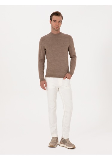 Cacharel Vizon Slim Fit Yün Karışımlı Çeyrek Balıkçı Basic Triko Kazak Kahverengi