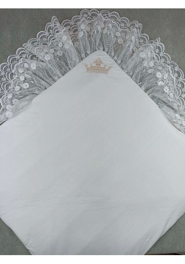 Yenidoğan Saray Kadife Taç Nakışlı İnci Fiyonklu Çift Dantel Duvak Trilüks Kundak Bebek Battaniyesi Vizon-ekru Ekru - Vizon