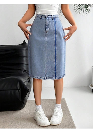 Shevega Kadın Taş Yikama Ön Fermuar Detayli Kot Etek Mavi