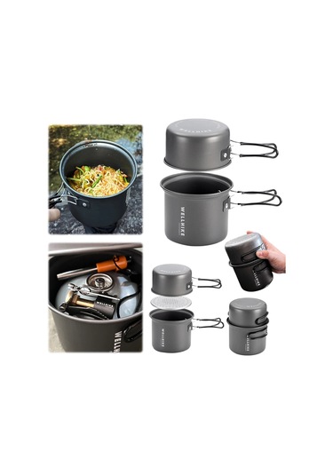 2 Adet Kamp Tencere Saplı Ultralight Açık Pot Alüminyum Alaşımlı Gri - Siyah