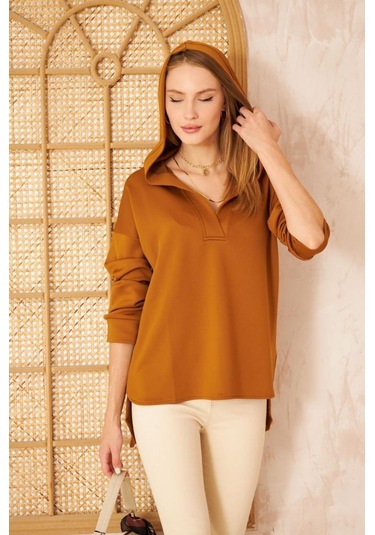 Kadın Scuba Kapüşonlu Arkası Uzun Salaş Rahat Kalıp Sweatshirt 3506230 Kahverengi