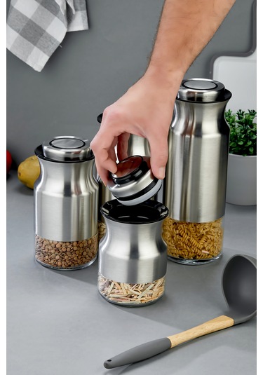 Tekbir 4 Parça Kilitli Vakumlu Metal Cam Kavanoz Seti Metal