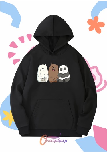 Çocuk Unisex Ayıcıklar Baskılı Oversize Kapüşönlü Sweatshirt SiYAH
