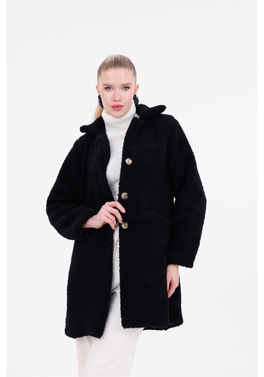 Düğmeli Cepli Kadın Peluş Kaban Siyah