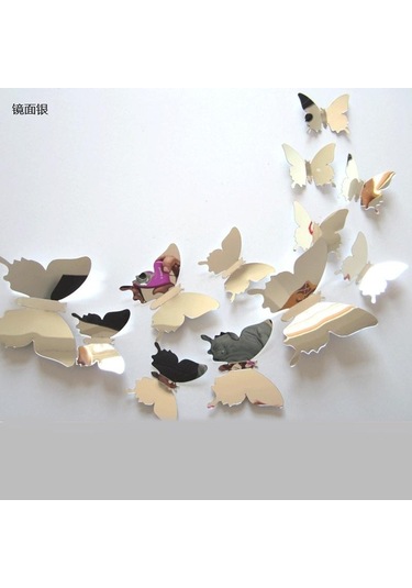 12 Adet/takım Kelebek Kombinasyonu Modern 3d Ayna Akrilik Ev Dekorasyon Diy Sanat Duvar Çıkartmaları Gümüş