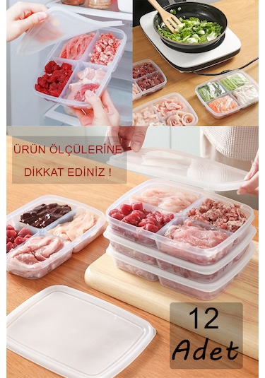 Krm Home 12'li Dondurulmuş 400 ML 4 Bölmeli Öğünlük Et Sebze Saklama Kabı Şeffaf