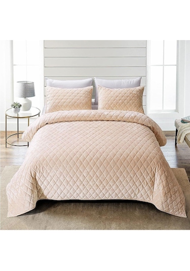 Evlen Home Kapitone Kadife Yatak Örtüsü Seti Çift Kişilik Supersoft 3 Parça Yumuşak Elyaf Dolgulu Bej Bej