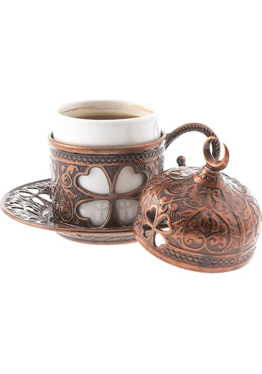 Sena Yonca Desenli Porselenli 4 Parça Bakır Renk Fincan