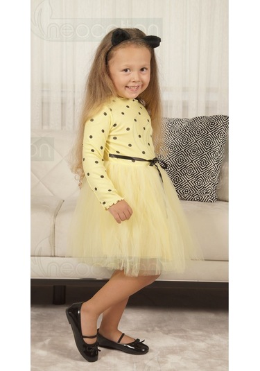 Puantiyeli Kız Çocuk Uzun Kollu Doğum Günü Ve Özel Günler İçin Tüllü Elbise Sarı 1 Sarı