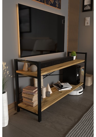 Exen Tv Ünitesi Dekoratif 2 Raflı Metal Ayaklı Tv Sehpası Atlantik Çam