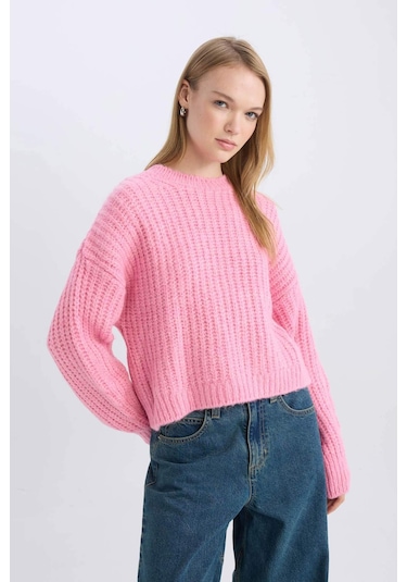 DeFacto Coool Oversize Geniş Kalıp Bisiklet Yaka Triko Kazak V1811AZNSPN449 Pembe