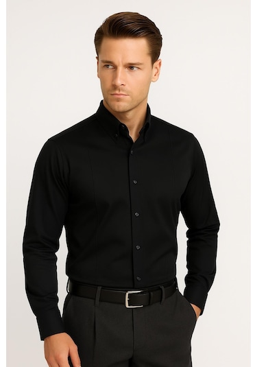 Gk 691 Slim Fit Siyah Klasik Gömlek Siyah