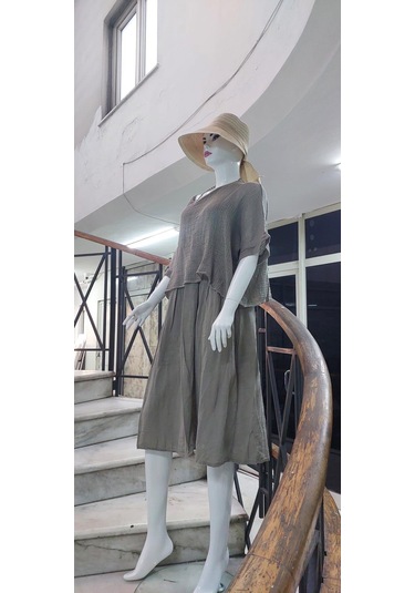 İtalyan Müslin Keteni Üstü File Bluzlu Astarlı Tek Parça Elbise Vizon