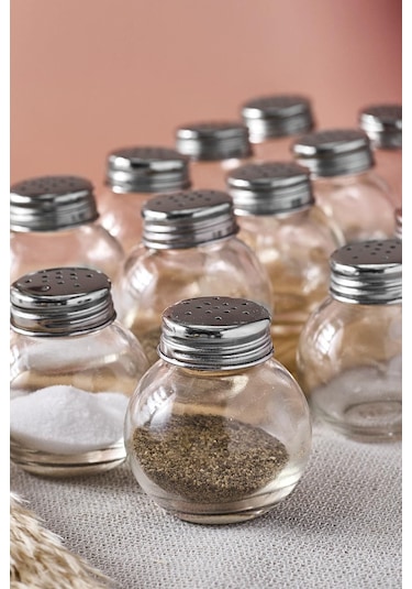 Salty Cam 12'li Tombik Tuzluk Seti 50 Ml Tek Kişilik Tuzluk-karabiberlik Seti Paslanmaz Çelik Kapak Seffaf Şeffaf