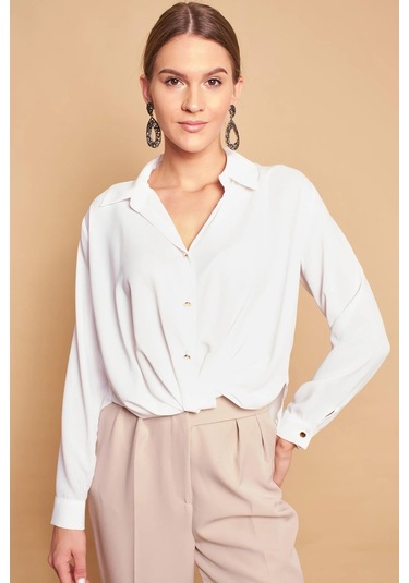 Yakalı Önü Pileli Uzun Kol Likrasız Şık Kumaş Gömlek-krem Krem