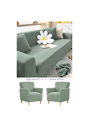 Upmall Tuğla Desen Koltuk Örtüsü Çekyat Kılfı 3311 Takım Mnt Yeşl