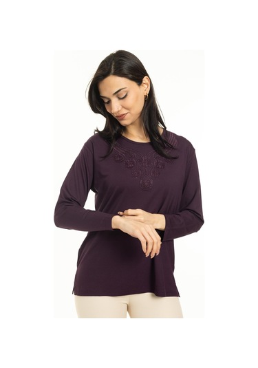 Kadın Orta Yaş Ve Üzeri Yeni Model Yuvarlak Yaka Likralı Anne Penye Bluz 30550-mürdüm