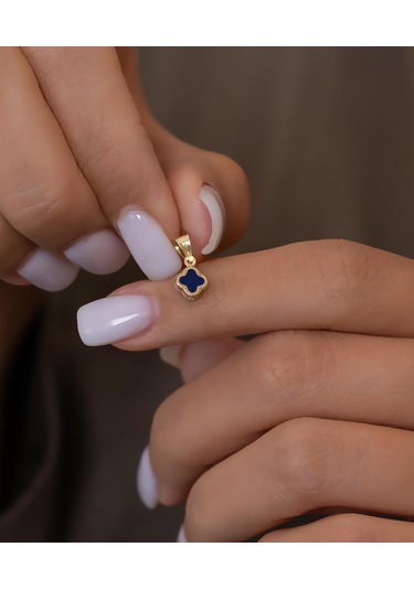 Bayar Gold 14 Ayar Altın Lacivert Renkli Yonca Kolye Ucu Sarı Altın