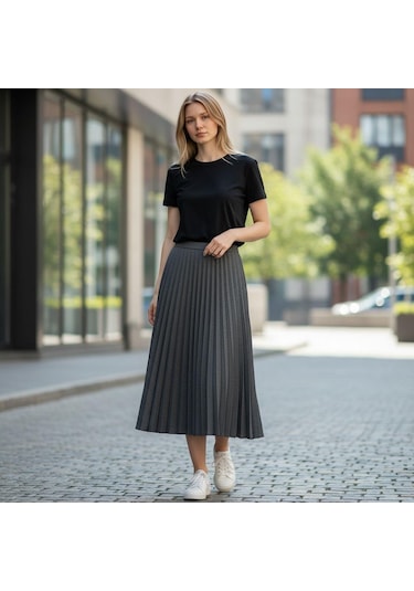Eren Style Pileli Pamuklu Diyagona Beli Lastikli Etek 95 Cm - 38-50 Vizon