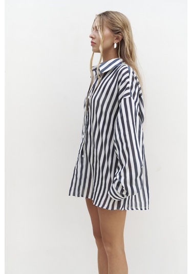 Rosy Transparan Çizgili Lacivert Oversize Gömlek Lacıvert