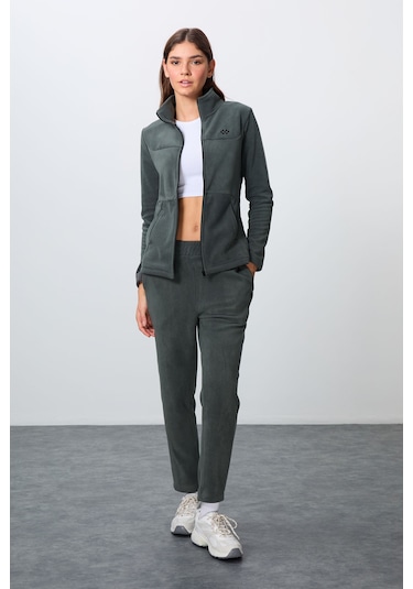 Tommy Life Haki Kalın Yumuşak Dokulu Dik Yaka Oversize Nakışlı Polar Kadın Eşofman Takım -95339 Haki