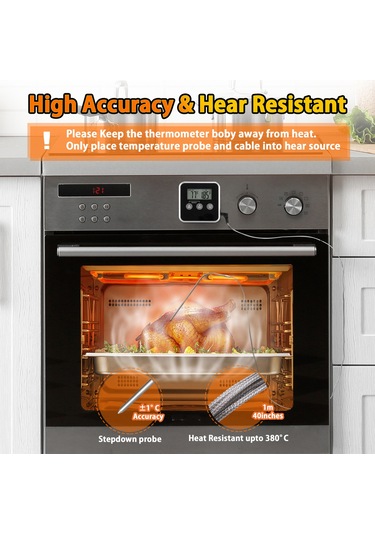 Hfambition Siyah Isı Sensörlü Dijital Bbq Termometresi - Isı Ve Zamanlayıcı Fonksiyonlu, Su Geçirmez, 0-300 C Aralığında, 3 Kurulum Seçeneği Çok Renkli