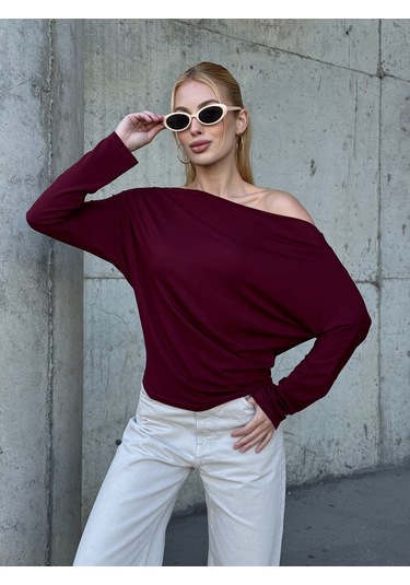 Kadın Kayık Yaka Full Esnek Asimetrik Kesim Comfort Spor Şık Tasarım Yumoş Bluz Bordo