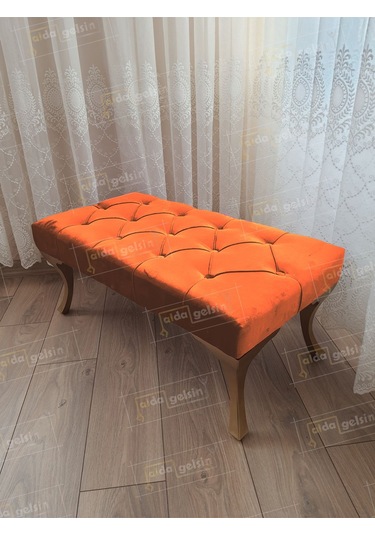 Kapitoneli Ayak Ucu Kapı Önü Antre Bench Puf Gold Ayak 120 45 Turuncu
