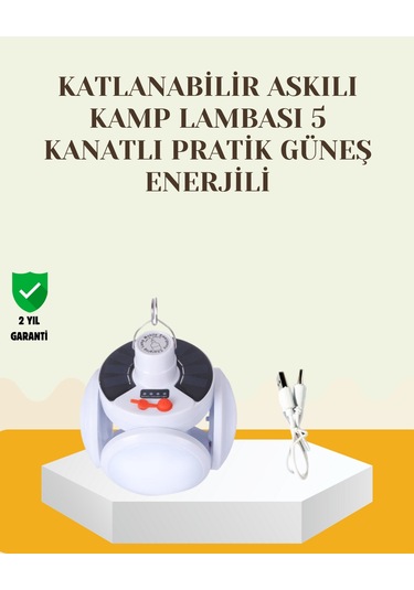 Güneş Paneliyle Şarj Olan Katlanabilir Led Çadır Lambası - 5 Kademeli Aydınlatma Beyaz