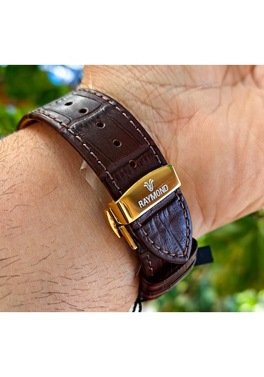 Raymond 44mm Klasik Seri Ultra İnce Deri Kordon Erkek Kol Saati Altın