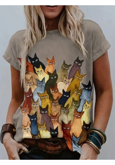 Simala Kadın Kısa Kollu Bisiklet Yaka Kedi Desenli Süprem Bluz SÜTLÜ KAHVE