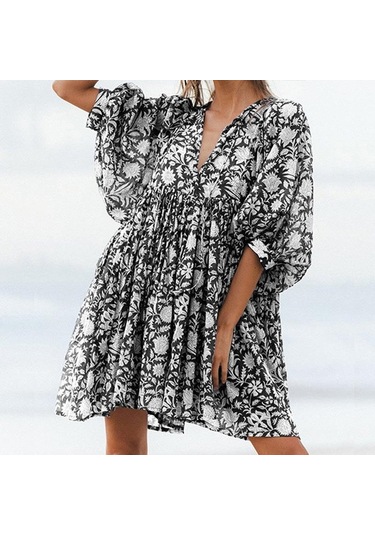 Yaz Kadın Elbisesi Moda Büyük Metre Gevşek Askılı Kişiselleştirilmiş Edebi Retro Avrupa Ve Amerikan Tarzı Baskılı Elbiseler Siyah