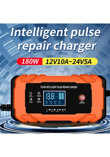 Neevoyu Turuncu 12v10a/24v5a Akıllı Akü Şarj Cihazı, Dijital Ekran, Sıcaklık Algılama, Onarım Fonksiyonu, Avrupa Şarjı, Otomobil-motosiklet Uyumlu