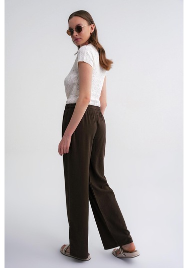 4629 Kadın Bol Paça Yüksek Bel Viskon Palazzo Pantolon Haki Haki