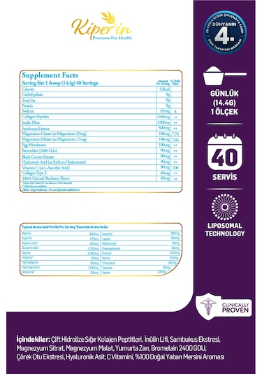 Kiperin %100 Saf Ve Doğal Mor & Çoklu Kolajen Peptitleri İçeren Lipozomal Teknoloji Diyet Takviyesi 576gr