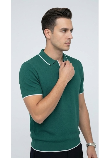 Plus Scorpion Erkek Pike Dokulu Triko Polo Yaka Tişört Slim Fit Şerit Detaylı Yazlık Model Yeşil