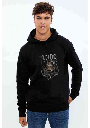 Ac Dc Hells Bells Baskılı Siyah Erkek Örme Kapşonlu Sweatshirt
