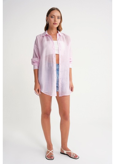 4667 Kadın İnce Oversize Modal Gömlek Pembe Pembe