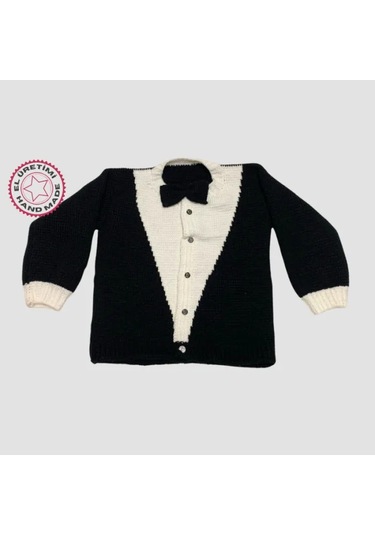 Uretti - Tuğba 9352 - El Örgüsü Erkek Çocuk Papyonlu Smokin Hırka - 7 Yaş Siyah