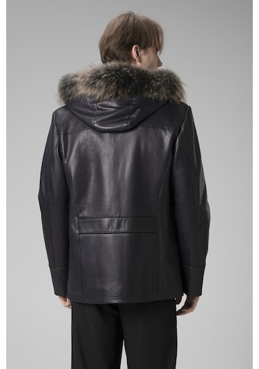 Lacivert Dericlub E2218 Kapüşonlu Jumbo Gerçek Deri Erkek Kaban Lacivert